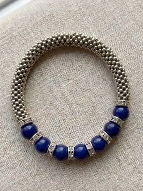 Vintage Cobalt Blue & Silver Stretch Beaded Bracelet | Easy Fit Stacking Piece
